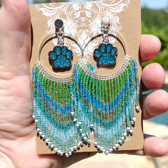 Handmade Beaded Long Fringe Paw Love Dangle Drop Lightweight Post Hoop Earrings - Picture 6 of 8